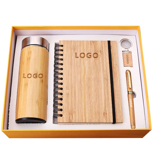 Bamboo Custom Logo Promotional Gift Luxury Diary Notebook Planner Business Gift Set With Bottle Pen Keychain