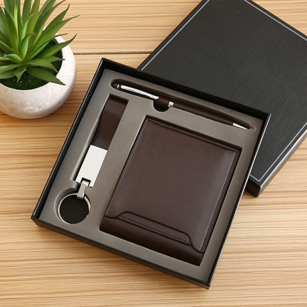 Custom Personalized Logo High-grade Professional Leather Book Signature Pen Wallet Clip Brown Color Business Gift Box Set