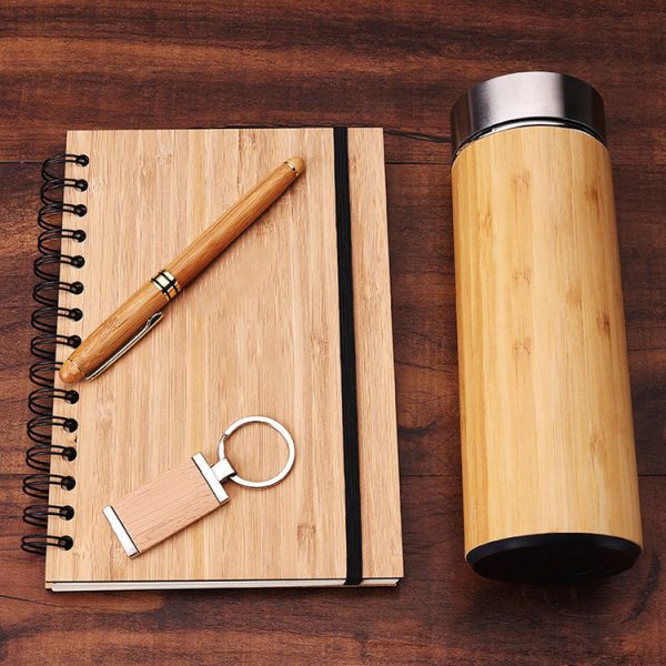 Bamboo Custom Logo Promotional Gift Luxury Diary Notebook Planner Business Gift Set With Bottle Pen Keychain - Image 2