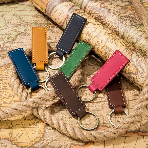 Wholesale Customization PU Leather Keychain Retro Circle Keyring Laser LOGO Custom Men Car Key Chain Accessories Gift - Image 4