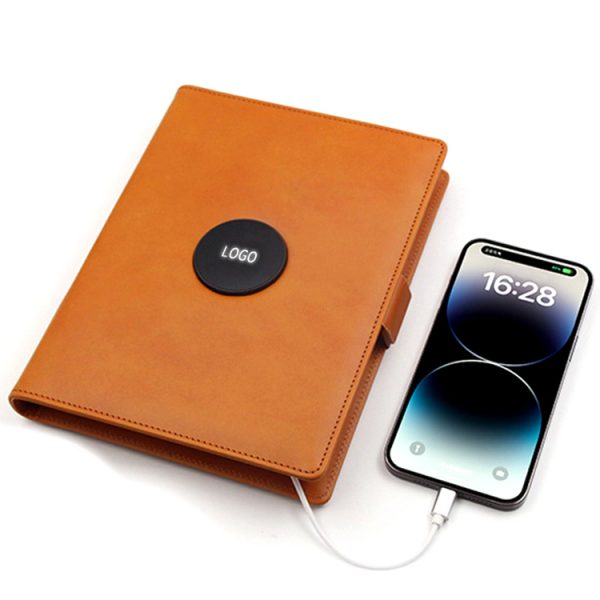 Luxury Gift Set Custom Led Logo 10000mah powerbank A5 Business Leather Notebook Magnetic Wireless Charger Power bank - Image 3