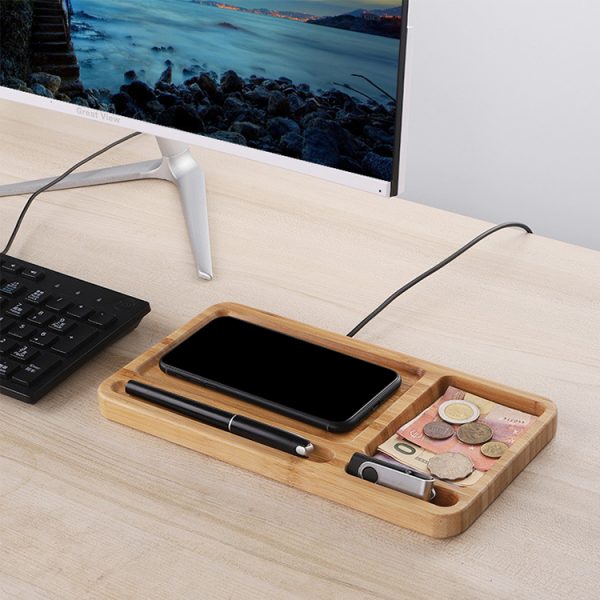 Custom Bamboo Wireless Charging Pad Multi-function Desk Organizer Wireless Charger Qi QC4.0 QC3.0 PD