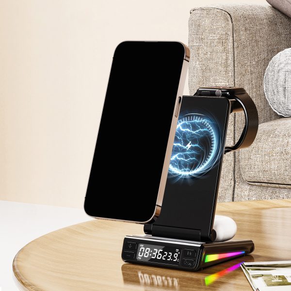 3 in 1 folding wireless charger chargers15w fast wireless charger 3 in 1 mobile phone charger wireless with alarm clock - Image 2