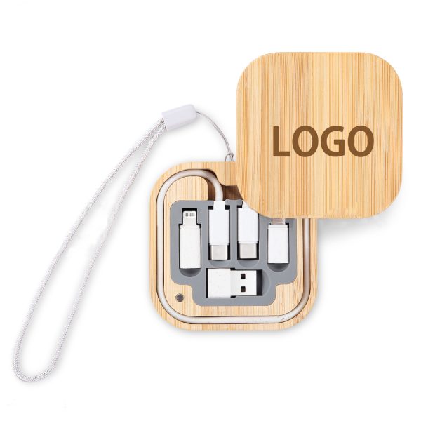 Custom Logo 3 In 1 Multi charging Cable 60W Micro Usb C Type Fast Charge Storage Box Mini Phone Charger Bamboo Cables Set