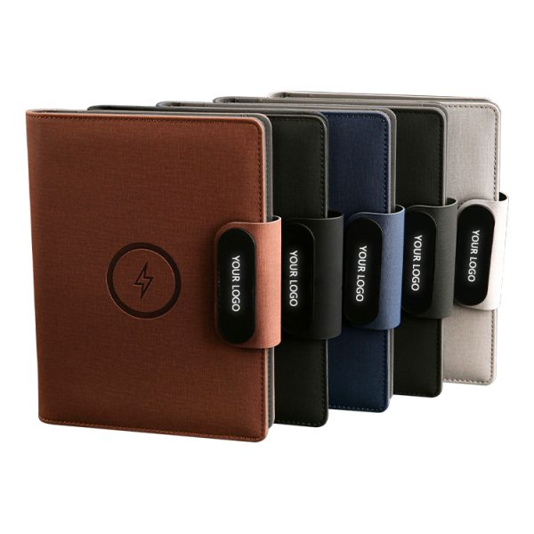 Custom A5 Business Office Gift Box Set Wireless Charging Book with Leather Cover Lighting Logo Planner Notebook Power Bank - Image 2