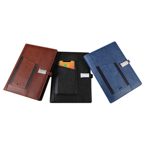PU A5 Notebook Custom Logo Printing Smart Fingerprint Lock Notebook With Wireless Charging and USB