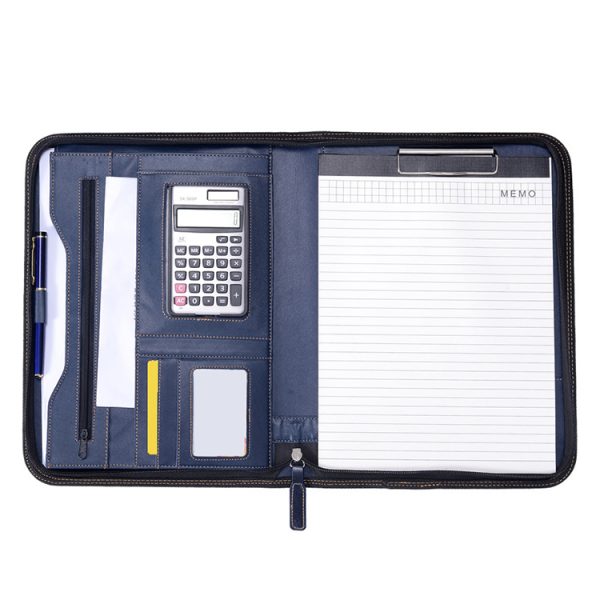 Custom Logo Office Document Organizer With Business Card Holders Blue A4 PU Leather Resume Portfolio Folder
