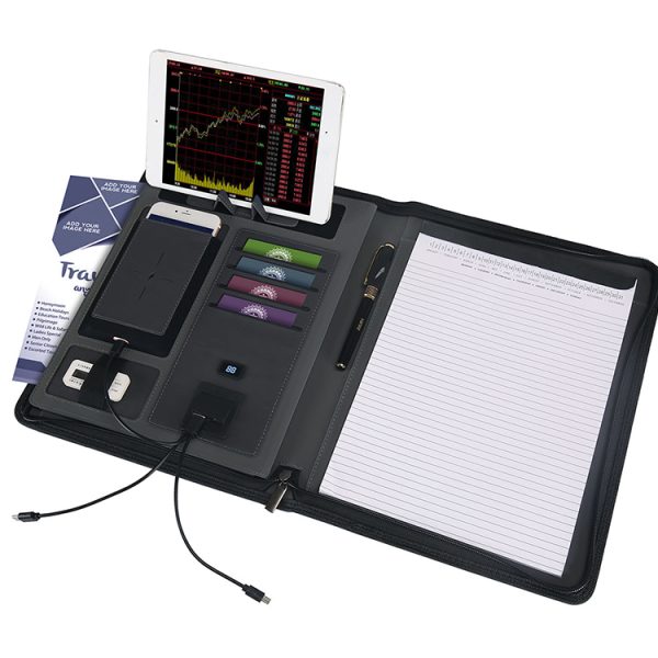 Custom Multi-Purpose Folder Wireless Charging Notebook with Calculator A4 Business Power Binder Manager Clip
