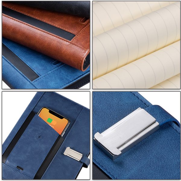 PU A5 Notebook Custom Logo Printing Smart Fingerprint Lock Notebook With Wireless Charging and USB - Image 2