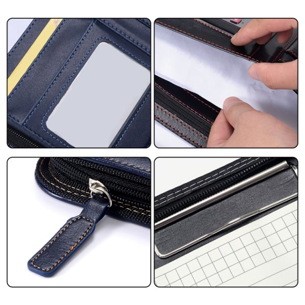Custom Logo Office Document Organizer With Business Card Holders Blue A4 PU Leather Resume Portfolio Folder - Image 2