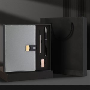 Promotional Custom Logo Business Pu Leather Notebook Ball Pen USB Flask Driver Gift Sets