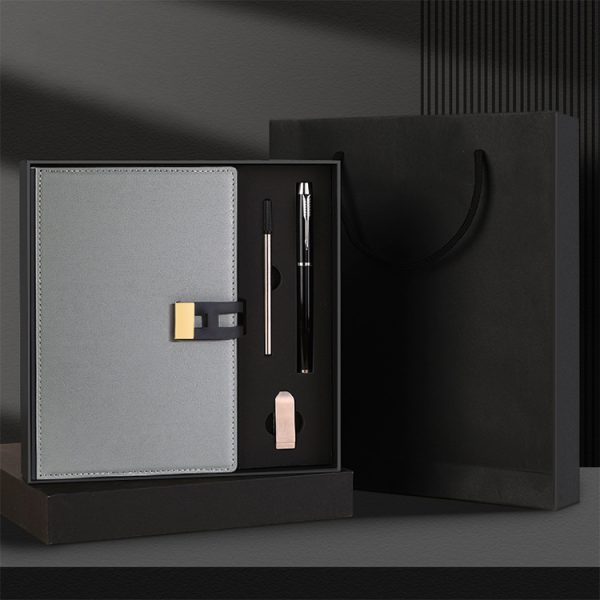 Promotional Custom Logo Business Pu Leather Notebook Ball Pen USB Flask Driver Gift Sets